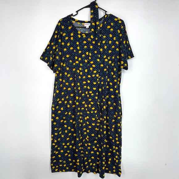 LuLaRoe Size 2XL Midi Dress Navy Blue Yellow Rose Floral Polka Dot Belt Short Sl - Picture 1 of 10